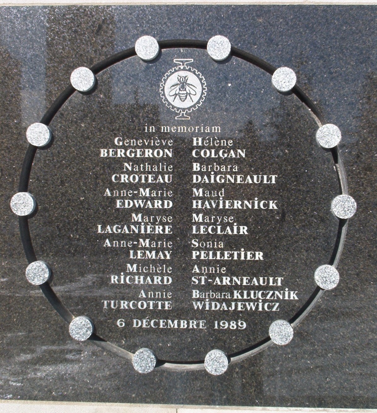 Memorial plaque of the École Polytechnique Massacre in Montreal.