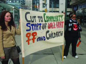 Photo of the Nov. 23 rally and march protesting the cut to the Community Start up and Maintenance benefit in downtown Toronto. Photo: Karen Nickel / The Dialog.