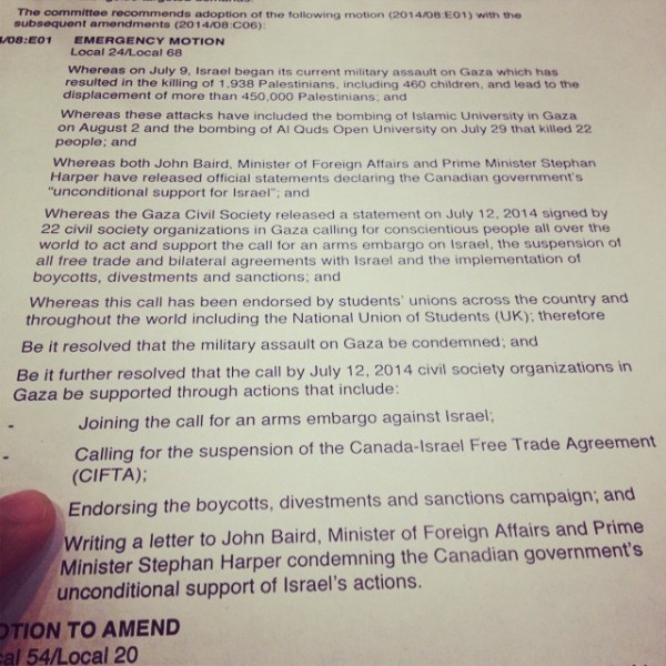 The copy of the motion passed by the CFS-O calling student unions to pressure their institutions to Boycott, Divestment and Sanction Israel. Photo: Denise Hammond via Instragram