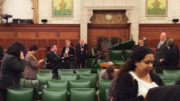 One of the participants at the Conservative Party's caucus meeting  took this photo shortly after an armed man started shooting inside the building. They barricaded the doors with chairs. Photo: MP Nina Grewal