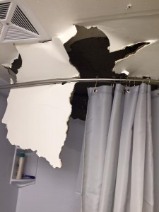 A photo of a ceiling in a student's bathroom that had collapsed was posted on the Parkside Residents Facebook group.