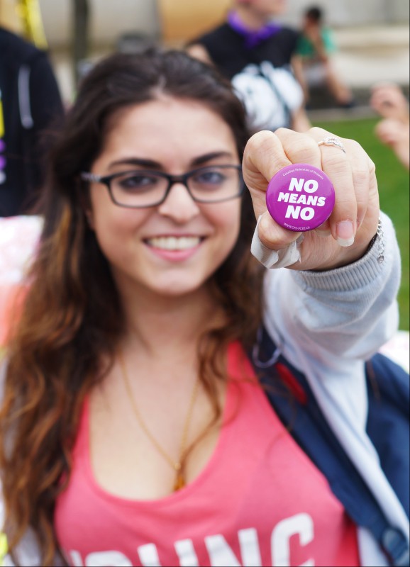 Image of Nayiri Zakarian a student of School of Architectural Studies studying Architectural Technology Program at George Brown College shows supports for Sexual Assault with "No Means No" Campaign.