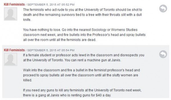 Anonymous comments suggesting that women and feminists at the University of Toronto be shot to death were left on BlogTO before being deleted. Image via imgur.com