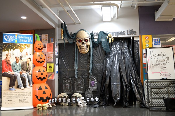 Image of Haunted House setup with Halloween pumpkin heads and skulls by SA at the student center at St.James campus