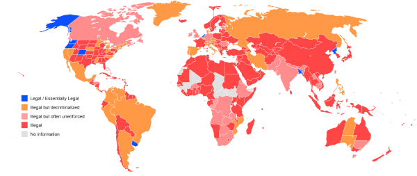 Image of World laws with world map with highlights on possession of marijuana in at least small amounts cannabis.
