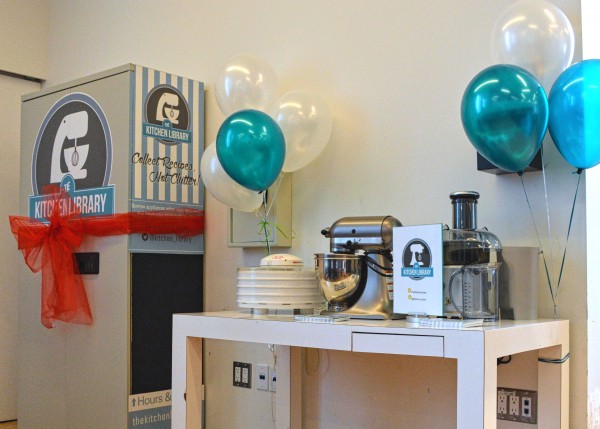 Images of kitchen appliances at the kitchen library with ballons and ribbons decorated