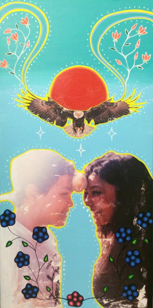 A painting of Kiowa McComb and his partner Lauren Lavallee by Lindsay Lickers, Nancy King and Monique Bedard (Aura) .