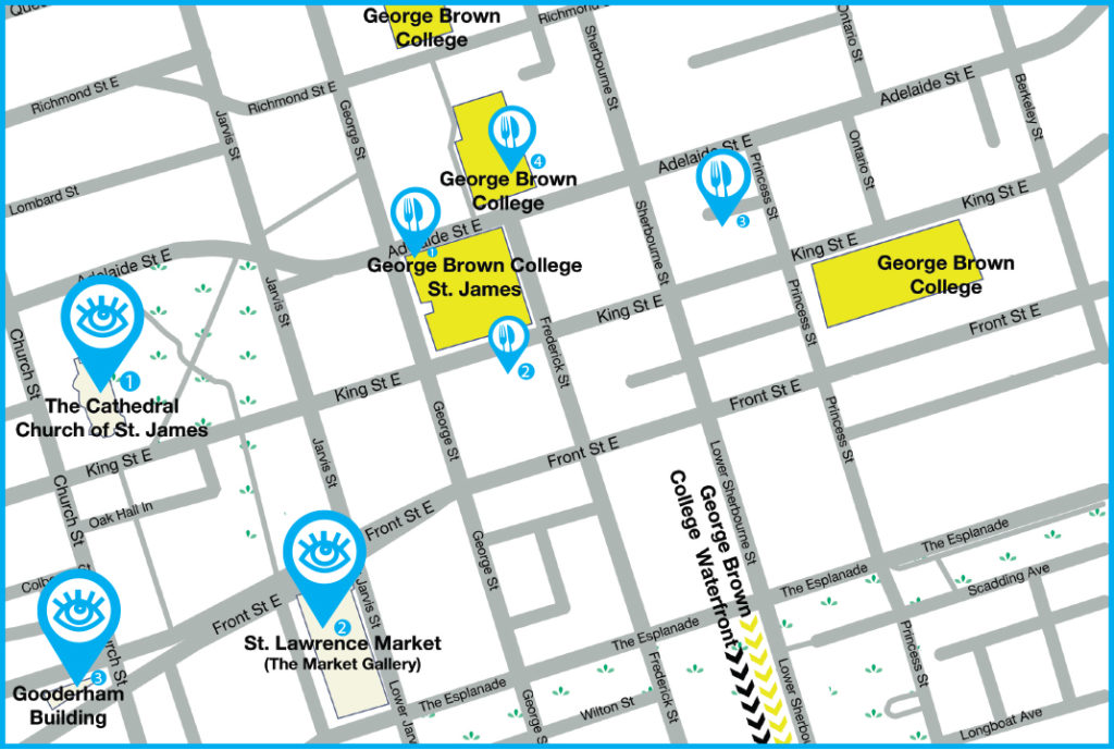 A map of the area surrounding St. James and Waterfront campus