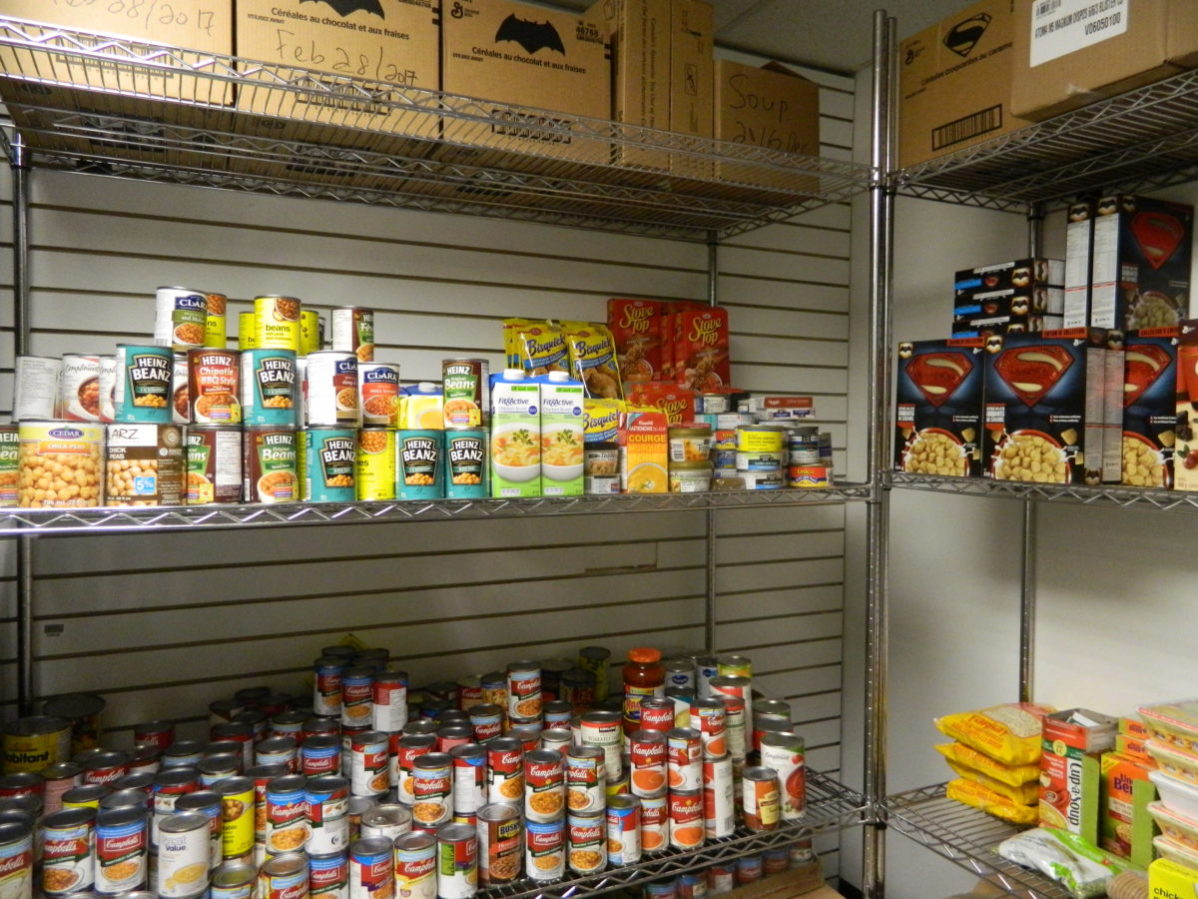 Collection of non-perishable items stored at Student Association Food Bank at St. James campus