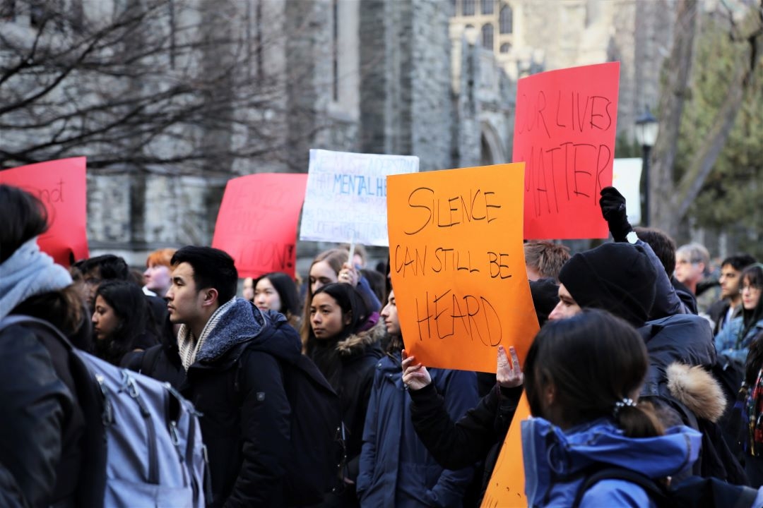 Hundreds of students at the University of Toronto protested for more mental health support on Monday. PHOTO: SHANNA HUNTER / THE VARSITY