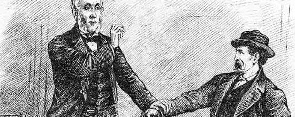 Drawing of George Brown being shot in the leg. Illustration by Henri Julien, the Canadian Illustrated News, April 10, 1880.