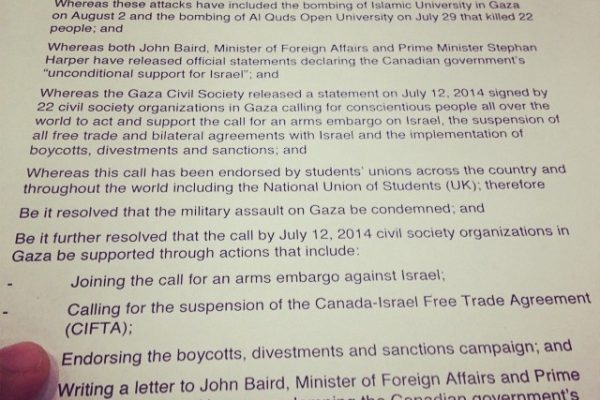 The copy of the motion passed by the CFS-O calling student unions to pressure their institutions to Boycott, Divestment and Sanction Israel. Photo: Denise Hammond via Instragram