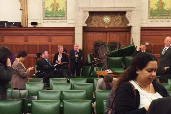 One of the participants at the Conservative Party's caucus meeting took this photo shortly after an armed man started shooting inside the building. They barricaded the doors with chairs. Photo: MP Nina Grewal