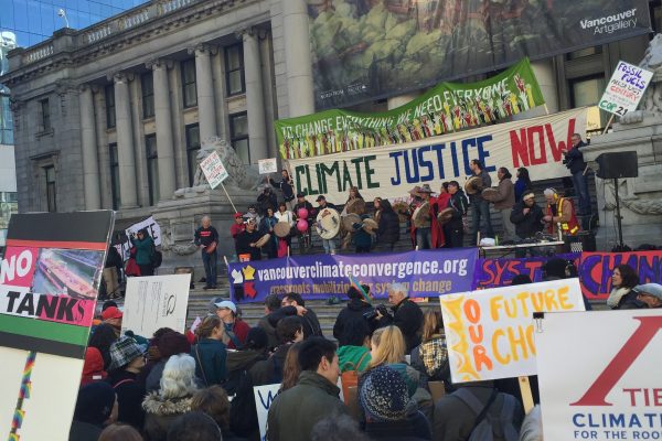 Photo of demonstration in front of the Vancouver Art Gallery against climate change.