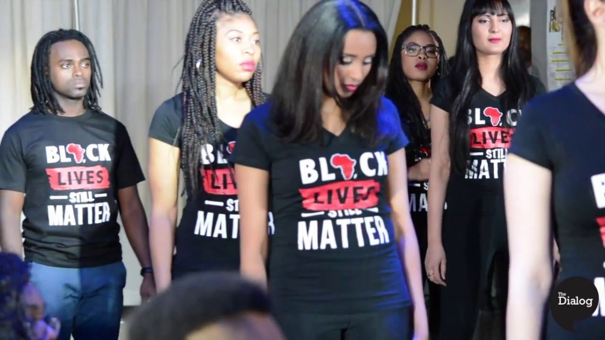 Screenshot of models wearing T-Shirts saying "Black Lives Matter." Black History Month at George Brown College video.