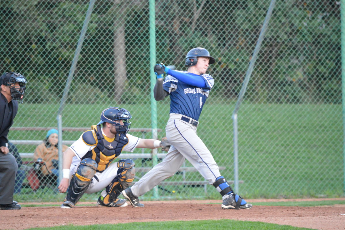 George Brown Huskies outfielder Curtis Cobean is at the plate