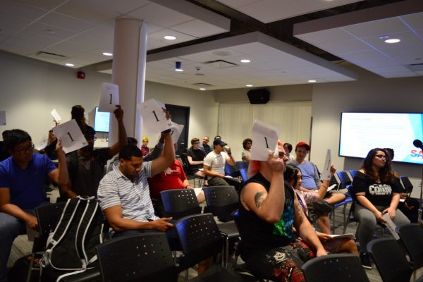 Education and constituency roles could be restructured In a sometimes tense meeting, $15 minimum wage was passed for the SA's part-time staff, less than they would have made under the original bylaws. Photo: Natalia Pizarro Silva/The Dialog