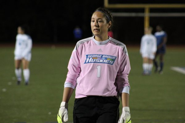 Night and day for men’s and women’s soccer teams GBC goalkeeper Kelsey Jane Lamprecht was peppered with a barrage of shots from Humber and made a total of 12 saves, letting in 5 goals on Sept. 27. Photo: Phil Iver / George Brown Athletics & Recreation