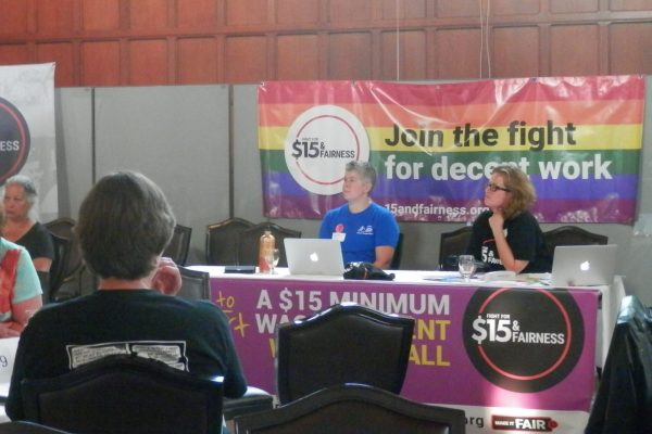 Encouraging students to fight for their futures JP Hornick (left), professor in the school of labour at George Brown College, and Frankie Cachon (right), professor at the University of Windsor talked about creating networks at the Assembly. Photo: Natalia Pizarro Silva / The Dialog