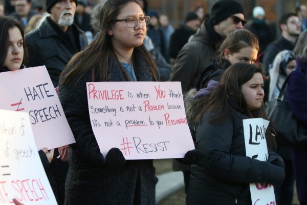 Students and staff held an antiracist rally at Wilfrid Laurier University in Waterloo protesting a talk by Faith Goldy on "Ethnocide: Multiculturalism and European Canadian Identity" and who has appeared on far-right media outlets. Photo: The Cord/CUP