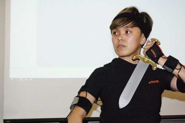 Motion capture suits not just for Hollywood Thi Uyen My Nguyen, a Game Arts student at George Brown College, suits up in a XSENS motion capture suit at the School of Design. Photo: Leslie Gallagher / The Dialog