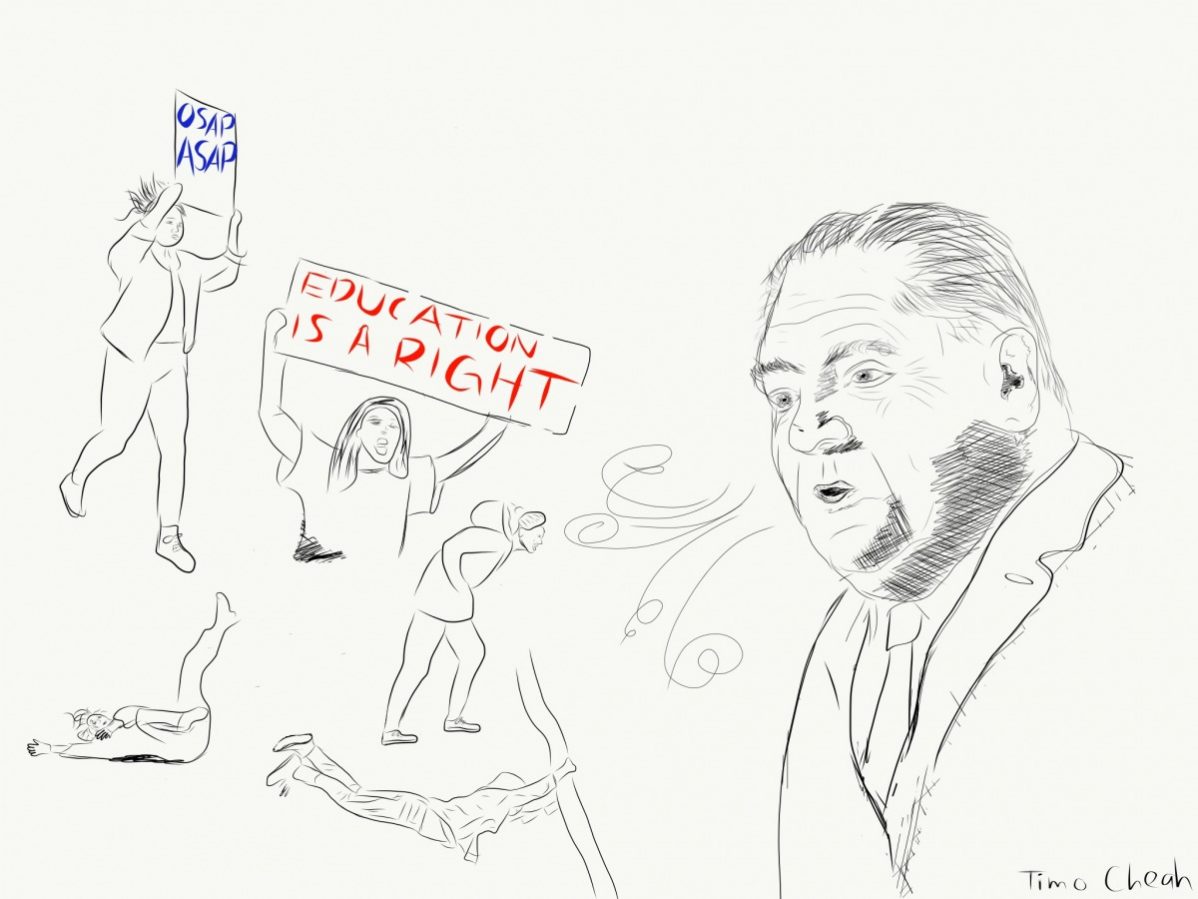 Drawing of Doug Ford blowing down student protestors. Ford blowing down students. Illustration by Timo Cheah