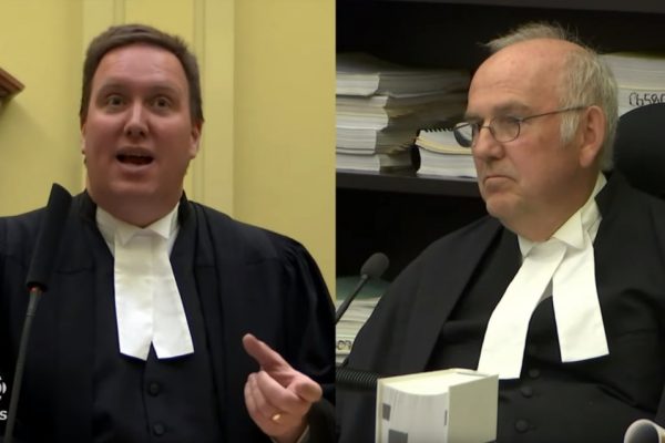 In a rare case that allowed recording of court proceedings Josh Hunter, left, argues in the Ontario Court of Appeal to a panel of five judges that the federal carbon tax is unconstitutional on Monday.
